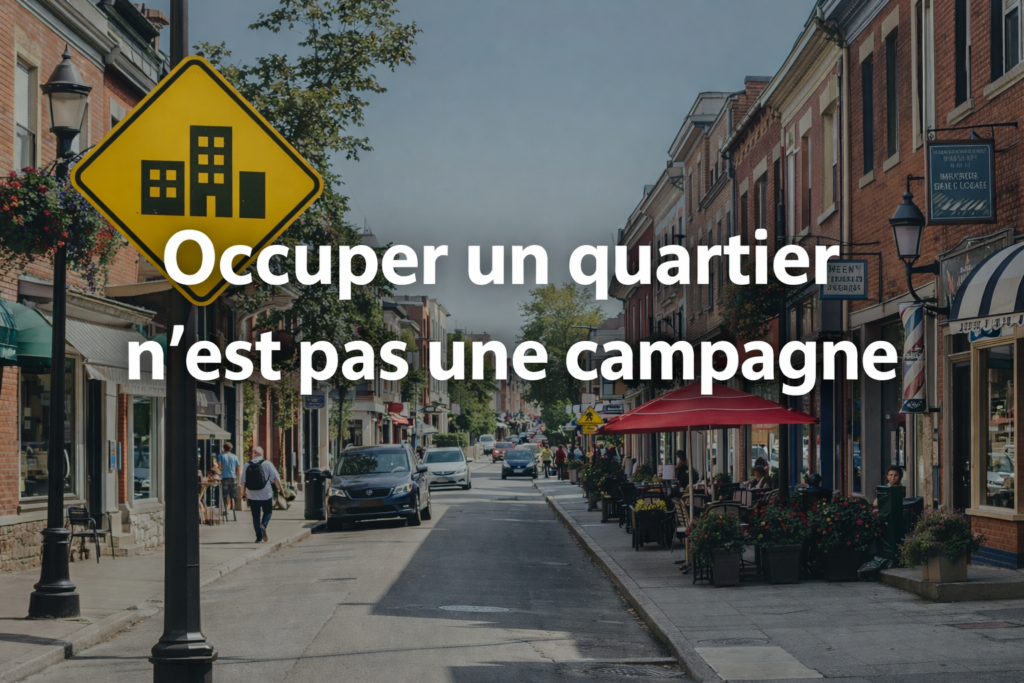 Rue commerciale de quartier illustrant la présence locale durable plutôt qu’une campagne marketing ponctuelle.