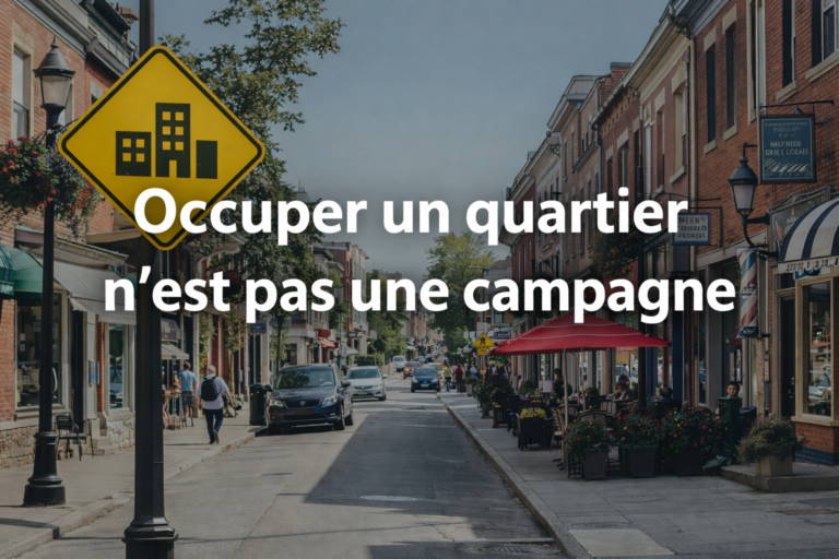 Rue commerciale de quartier illustrant la présence locale durable plutôt qu’une campagne marketing ponctuelle.