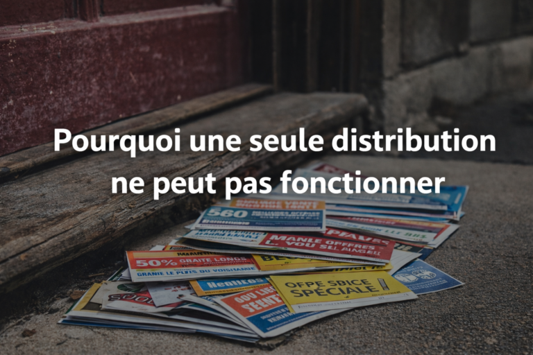 Cartons publicitaires déposés devant une porte illustrant l’impact limité d’une distribution unique en marketing local.