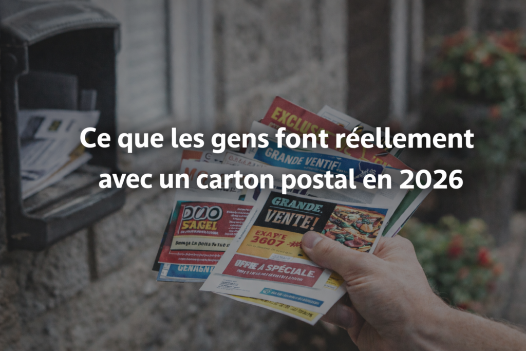 Personne tenant plusieurs cartons postaux devant une boîte aux lettres illustrant l’attention portée au marketing postal en 2026.